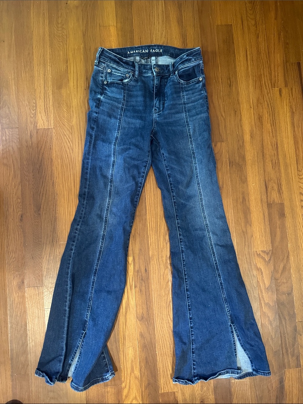 American Eagle Outfitters dark indigo split-front wide leg jeans festival flare